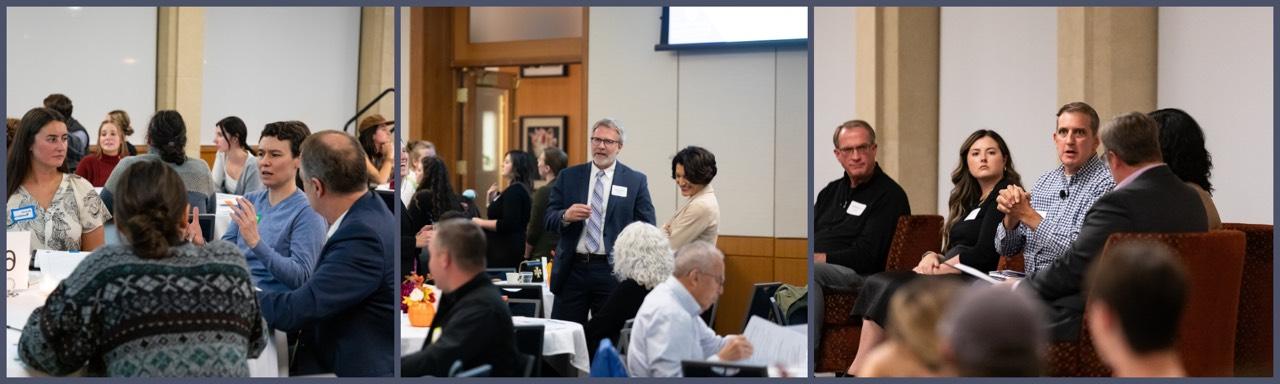 Three photos of symposium attendees engaging in civil discourse and conversation
